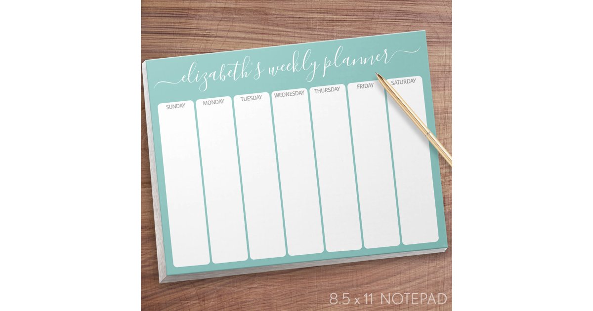 Minimalist Basic Weekly Planner modern script aqua Notepad | Zazzle