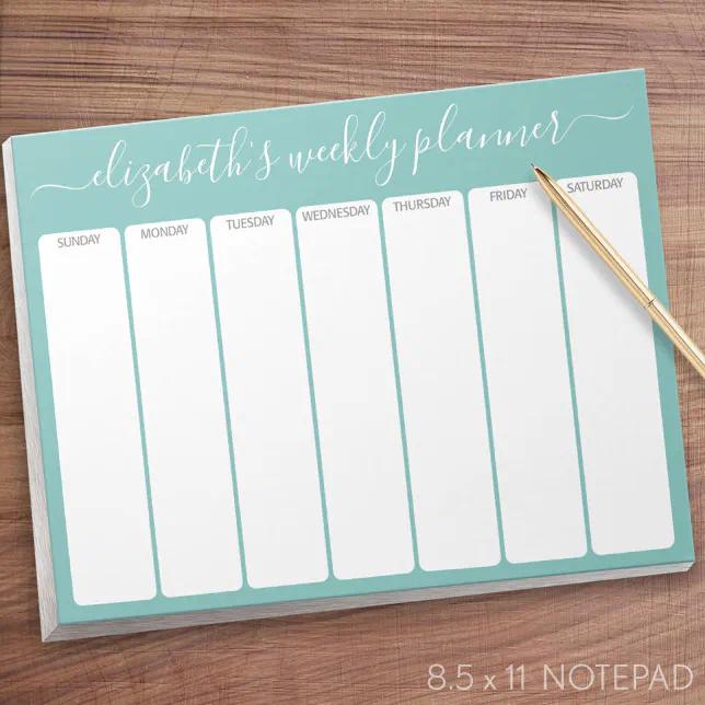 Minimalist Basic Weekly Planner modern script aqua Notepad | Zazzle
