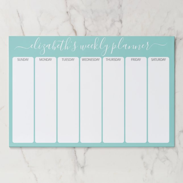 Minimalist Basic Weekly Planner modern script aqua Paper Pad (Front)