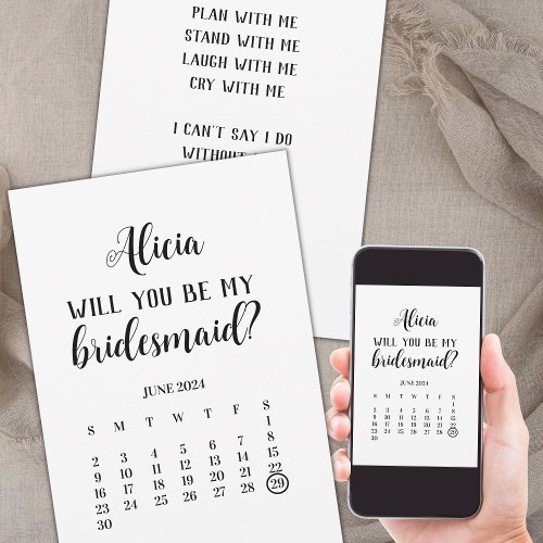 Minimalist Be My Bridesmaid Calendar Proposal Invitation