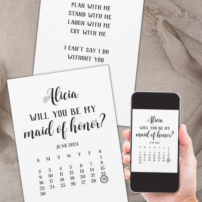 Minimalist Be My Maid of Honor Calendar Proposal Invitation (save the date calendar maid of honor proposal minimalist, will you be my maid of honor card)