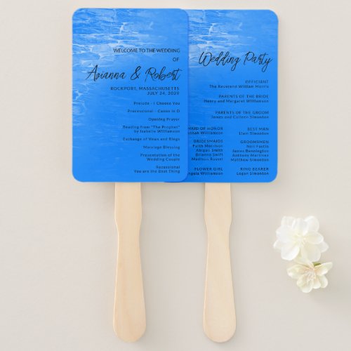 Minimalist Beach Azure Blue Wedding Program Hand Fan