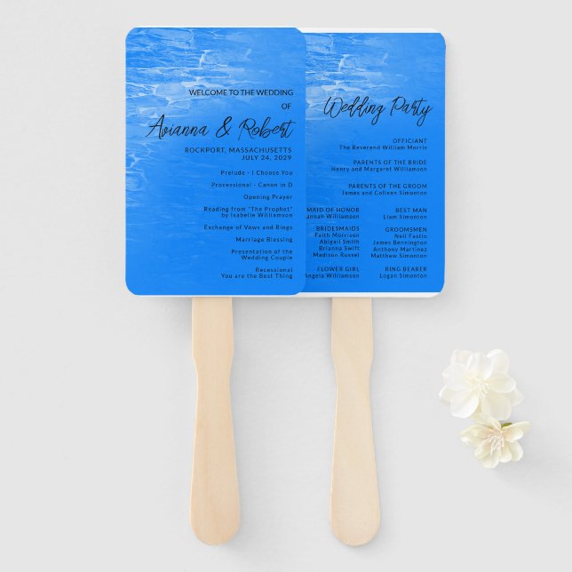 Minimalist Beach Azure Blue Wedding Program Hand Fan (Front and Back)