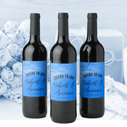 Minimalist Beach Azure Blue Wedding  Wine Label