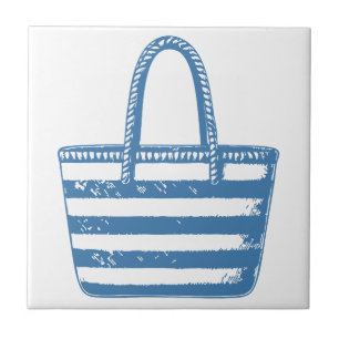 Minimalist Beach Bag Line Art Blue Outline Coastal Ceramic Tile