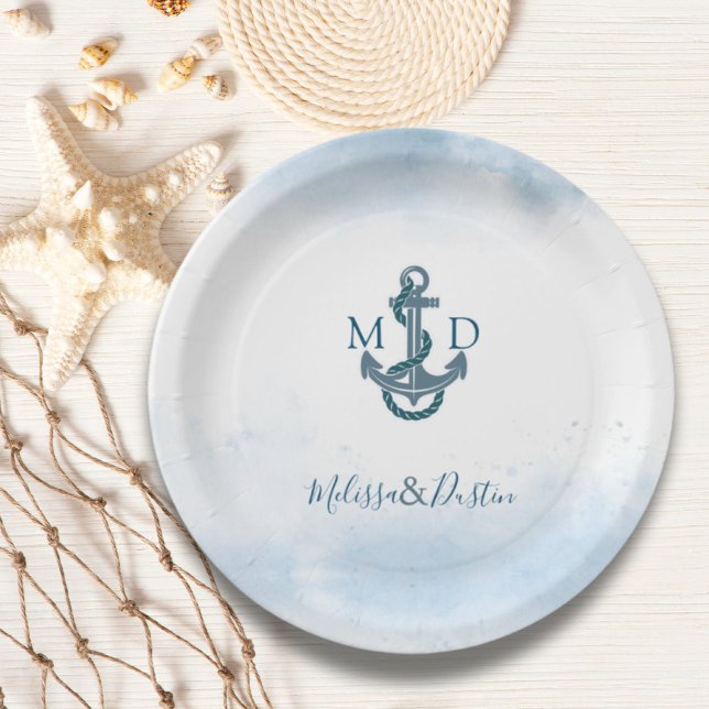 Minimalist Beach Blue Anchor Nautical Wedding  Paper Plates (Minimalist Beach Blue Anchor Nautical Wedding Paper Plates)