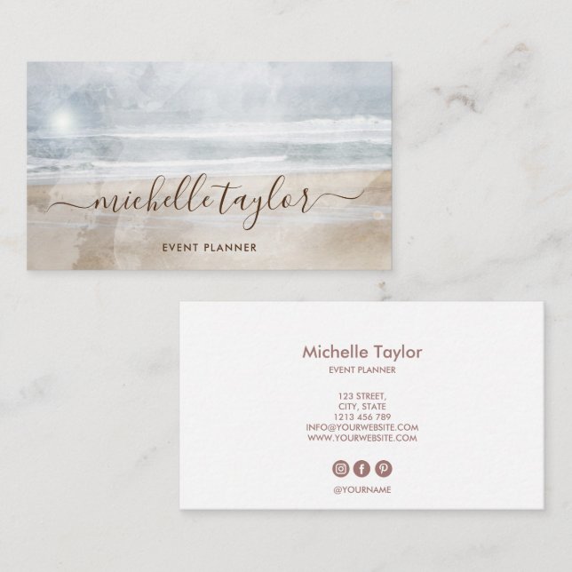 Minimalist beach watercolor rsignature script business card (Front/Back)