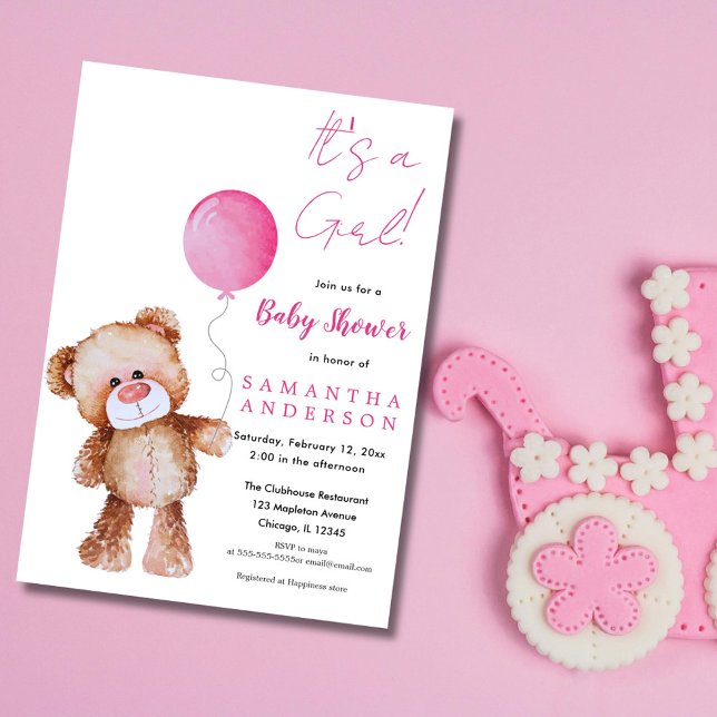 Minimalist Bear Baby Shower-It’s a Girl  Invitation (Teddy Bear Boy and Pink Baloon Baby Shower Invitation)