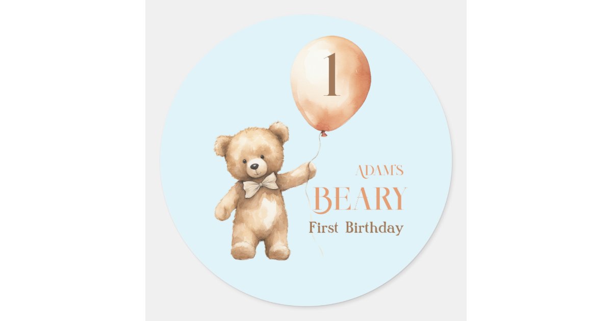 1st Sticker Minimalist Bear Blue Boy Beary 1st Birthday Classic Round Sticker | Zazzle