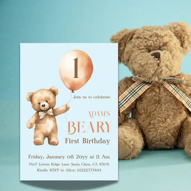 Minimalist Bear Blue Boy Beary 1st Birthday Invitation | Zazzle
