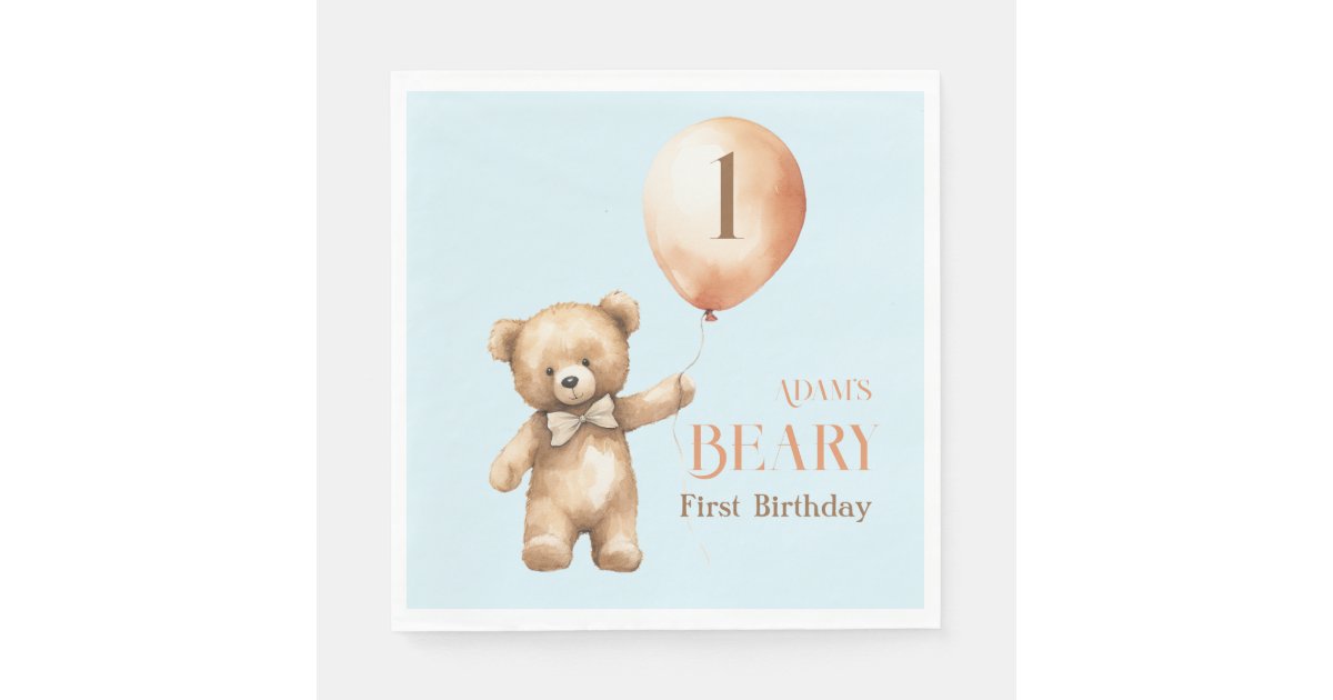 Minimalist Bear Blue Boy Beary 1st Birthday Napkins | Zazzle
