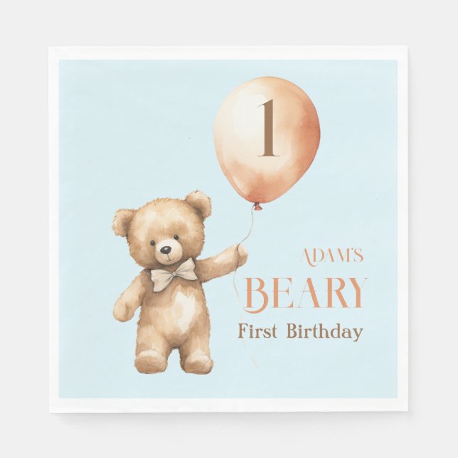 Minimalist Bear Blue Boy Beary 1st Birthday Napkins (Front)