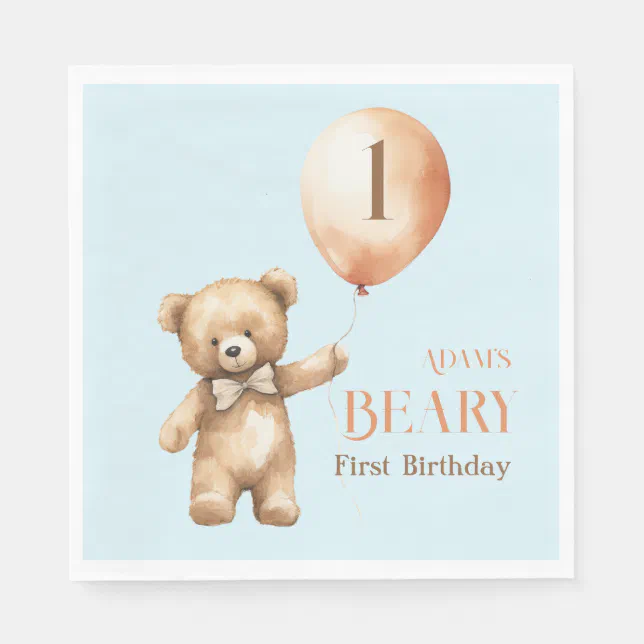 Minimalist Bear Blue Boy Beary 1st Birthday Napkins | Zazzle