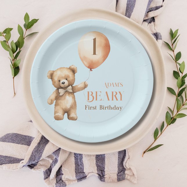 Minimalist Bear Blue Boy Beary 1st Birthday Paper Plates (Creator Uploaded)