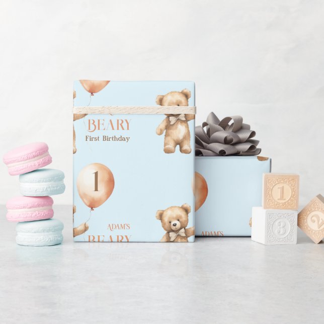 Minimalist Bear Blue Boy Beary 1st Birthday Wrapping Paper (Baby Shower)