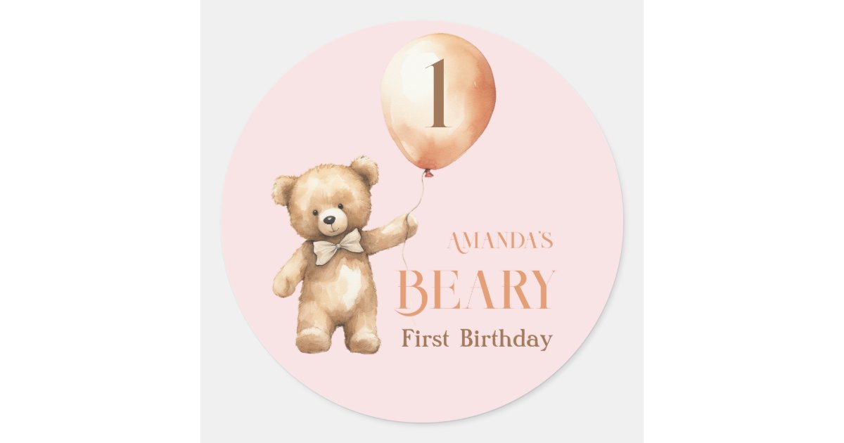 Minimalist Bear Pink Girl Beary 1st Birthday Classic Round Sticker | Zazzle