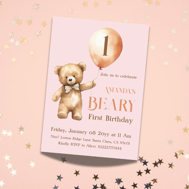 Minimalist Bear Pink Girl Beary 1st Birthday Invitation (Creator Uploaded)