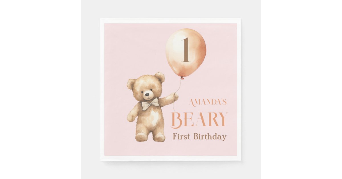Minimalist Bear Pink Girl Beary 1st Birthday Napkins | Zazzle