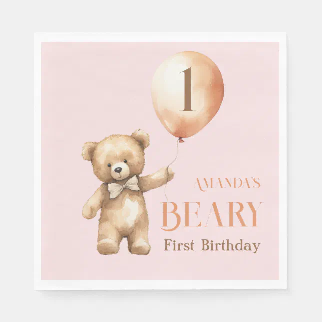 Minimalist Bear Pink Girl Beary 1st Birthday Napkins | Zazzle