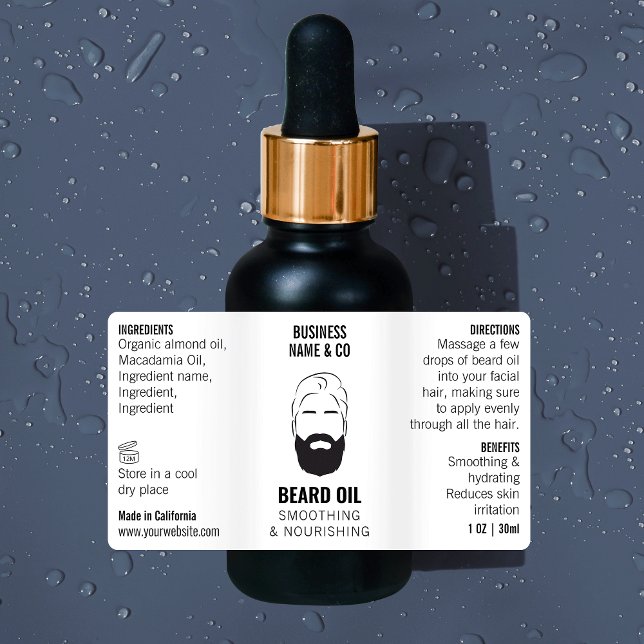 Minimalist Beard Oil 1 OZ Bottle Waterproof Label (Modern black and white beard oil 1 oz cosmetic bottle wrap around waterproof label *verify size*)
