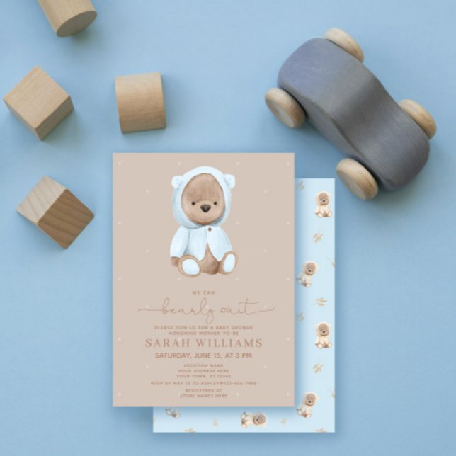 Minimalist Bearly Wait Dusty Blue Baby Shower Invitation (Creator Uploaded)