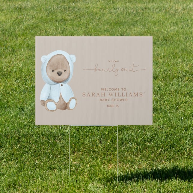 Minimalist Bearly Wait Dusty Blue Baby Shower Sign (Insitu)