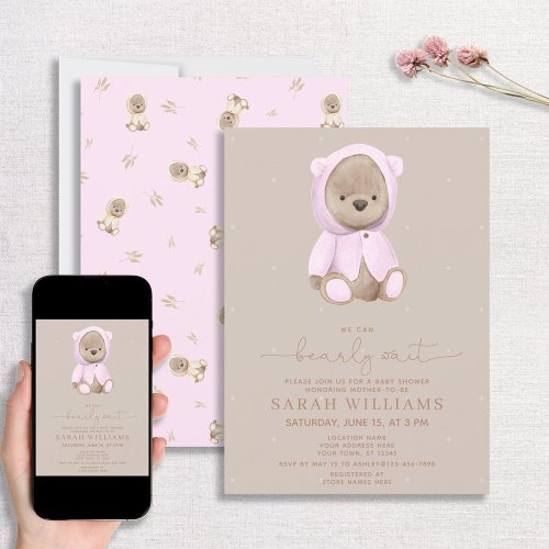 Minimalist Bearly Wait Pink Baby Shower Invitation