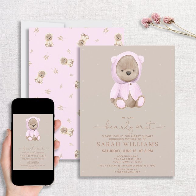 Minimalist Bearly Wait Pink Baby Shower Invitation (Creator Uploaded)