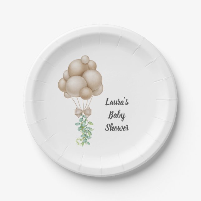 Minimalist Beige Balloons Boho Baby Shower Paper Plates (Front)