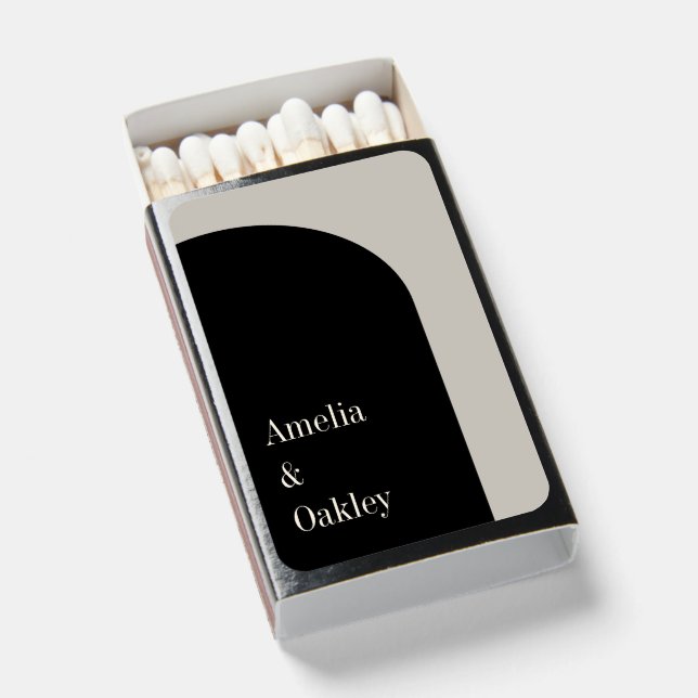 Minimalist Beige Black Elegant Arch Modern Wedding Matchboxes (Front Open)