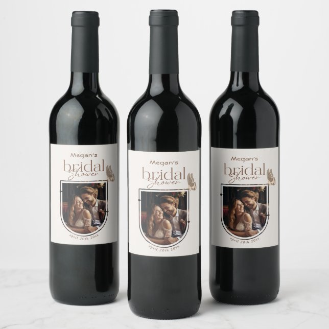 Minimalist Beige Butterfly Bridal Shower Photo Wine Label (Bottles)