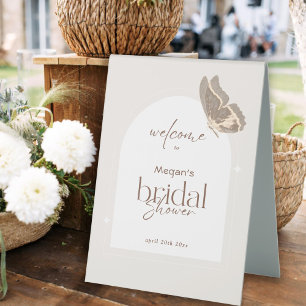 Minimalist Beige Butterfly Bridal Shower Welcome Table Tent
