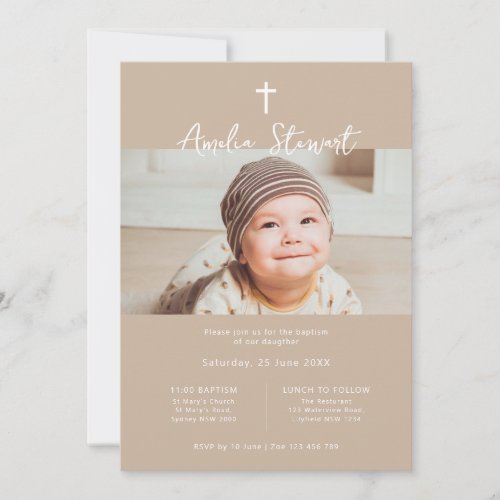 Minimalist beige cream photo baptism christening invitation