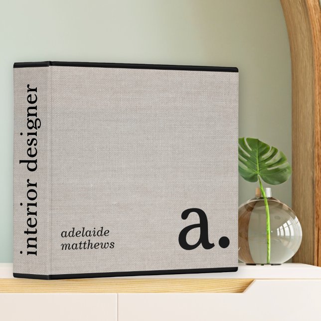 Minimalist Beige Faux Linen Look Monogram Name 3 Ring Binder (Creator Uploaded)