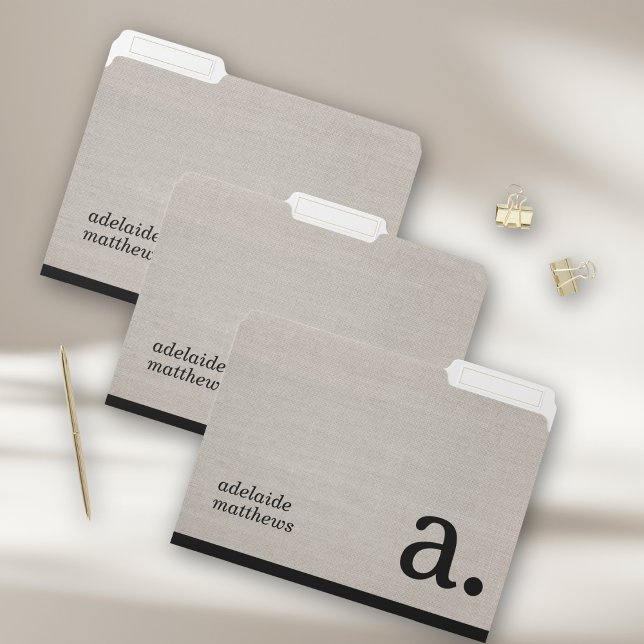 Minimalist Beige Faux Linen Look Monogram Name File Folder (Creator Uploaded)