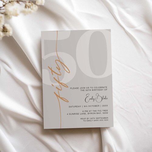 Minimalist Beige Fifty 50th Birthday Party  Invitation