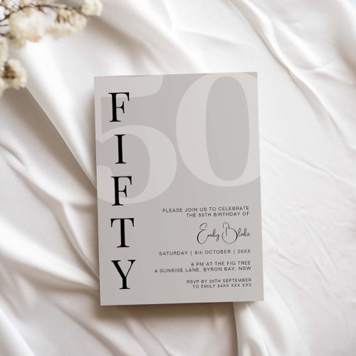 Minimalist Beige Fifty 50th Birthday Party  Invitation