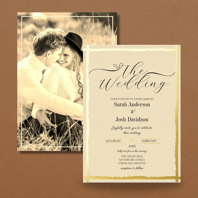 Minimalist Beige Foil Photo Wedding Invitation (Creator Uploaded)