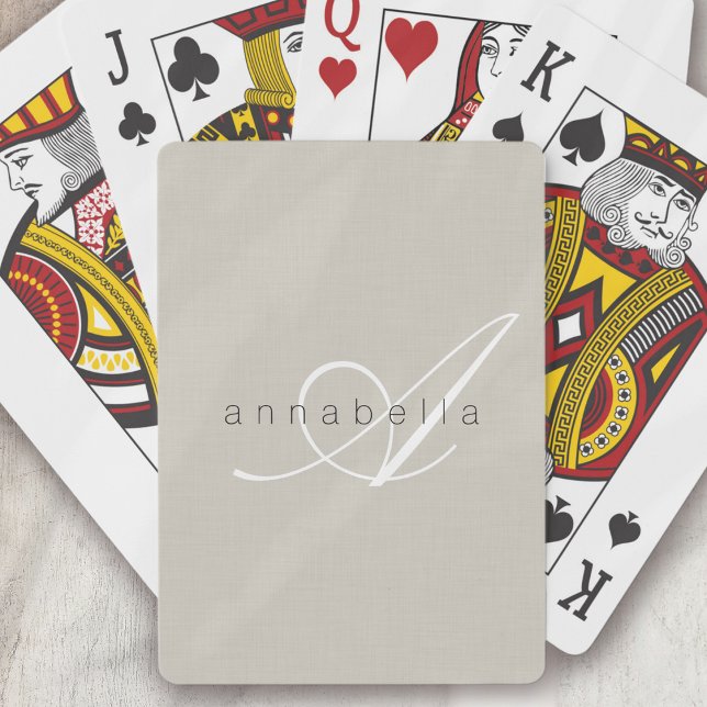 Minimalist Beige Linen Monogram Script Poker Cards (Creator Uploaded)