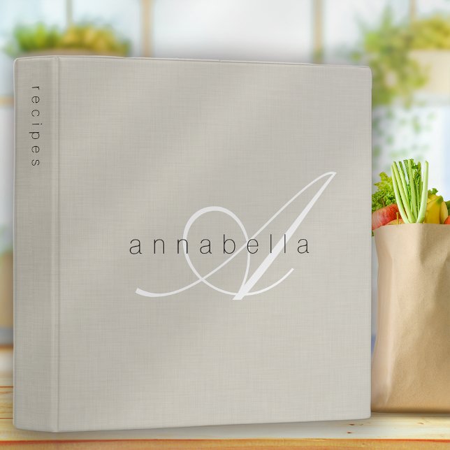 Minimalist Beige Linen Monogram Script Recipe 3 Ring Binder (Creator Uploaded)