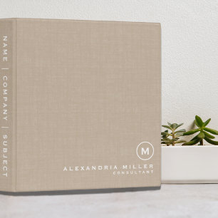 Minimalist Beige Linen Print Name Profession 3 Ring Binder