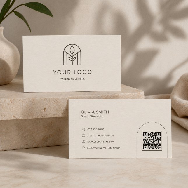 Minimalist Beige Modern Arch Logo QR Code Business Card (Minimalist Beige Arch QR Code Business Card for Interior Designers & Creatives)