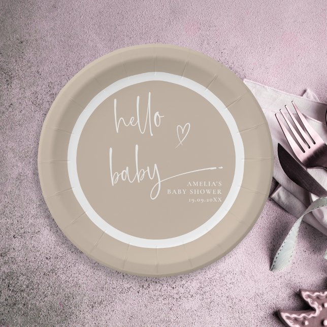 Minimalist Beige Modern Hello Baby Baby Shower Paper Plates (Creator Uploaded)