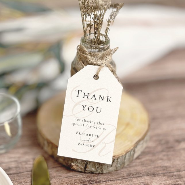 Minimalist Beige Monogram Wedding Thank You Gift Tags (Minimalist Beige Monogram Wedding Thank You Gift Tags on a boho jar with dry flowers)
