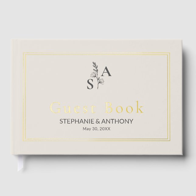 Minimalist Beige Monogram Wildflower Wedding Foil Guest Book (Front)