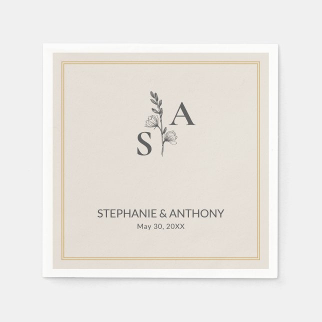 Minimalist Beige Monogram Wildflower Wedding Napkins (Front)