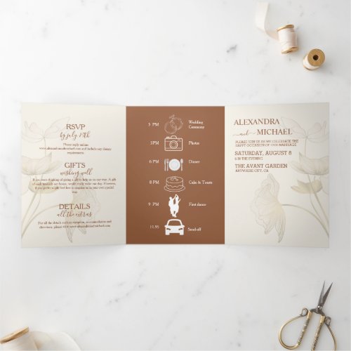 Minimalist Beige Neutral Monogram Wedding Tri_Fold Invitation