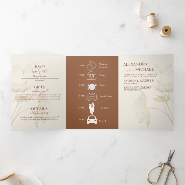 Minimalist Beige Neutral Monogram Wedding Tri-Fold Invitation (Inside)