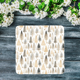 Minimalist Beige Nordic Folk Art Scandi Trees Glass Coaster