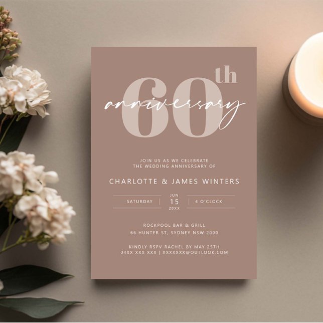 Minimalist beige script 60th wedding anniversary invitation (Creator Uploaded)